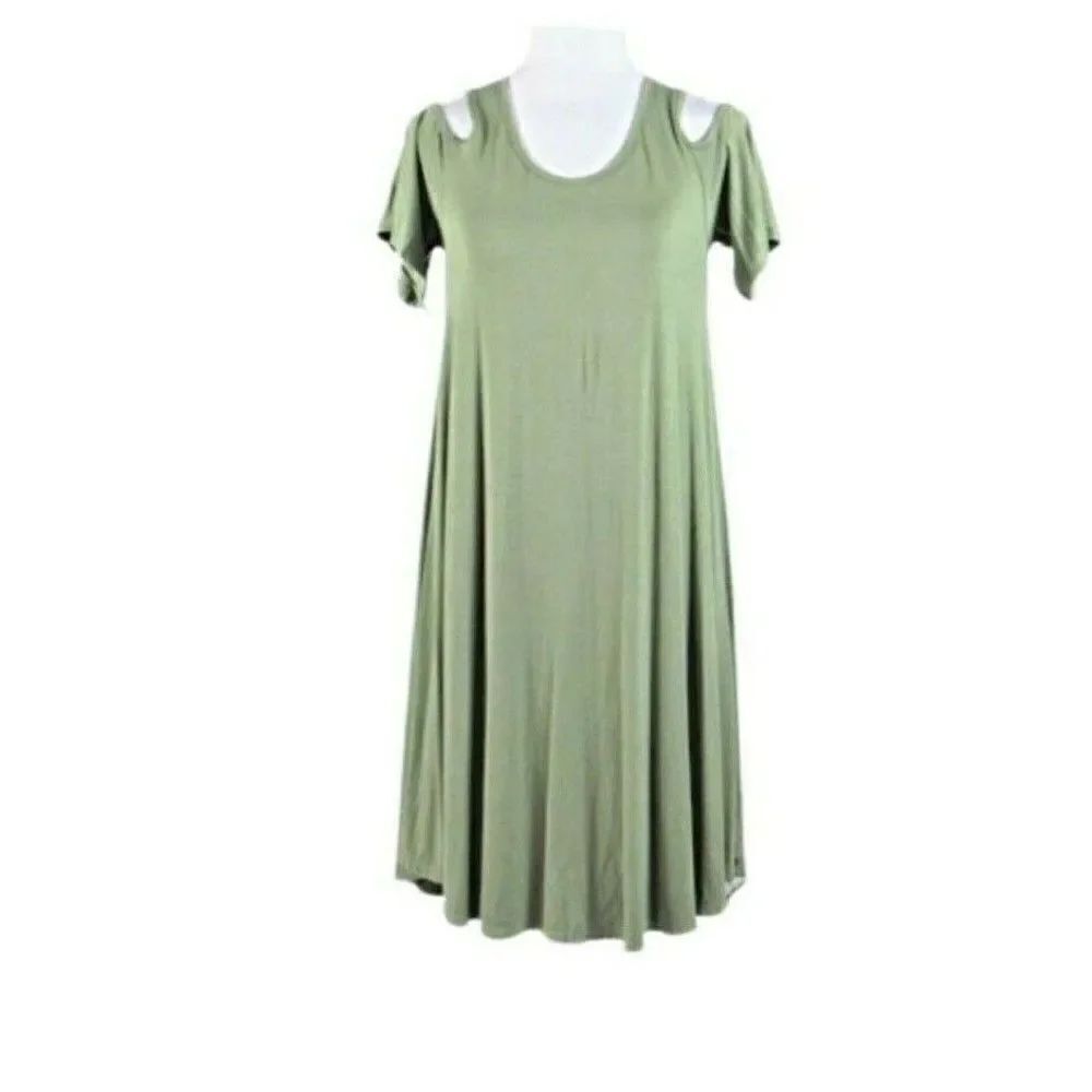 Bamboo Eco-Friendly Knit Dress Cold Shoulder A-Line Short Sleeve Green Sz Small